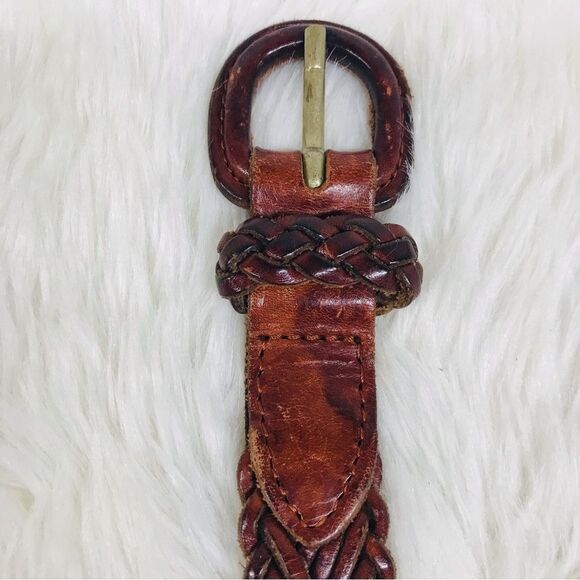 VINTAGE Y2K Brown Braided Genuine Leather Belt Woven Whiskey Cognac Size XS XXS - Picture 9 of 10